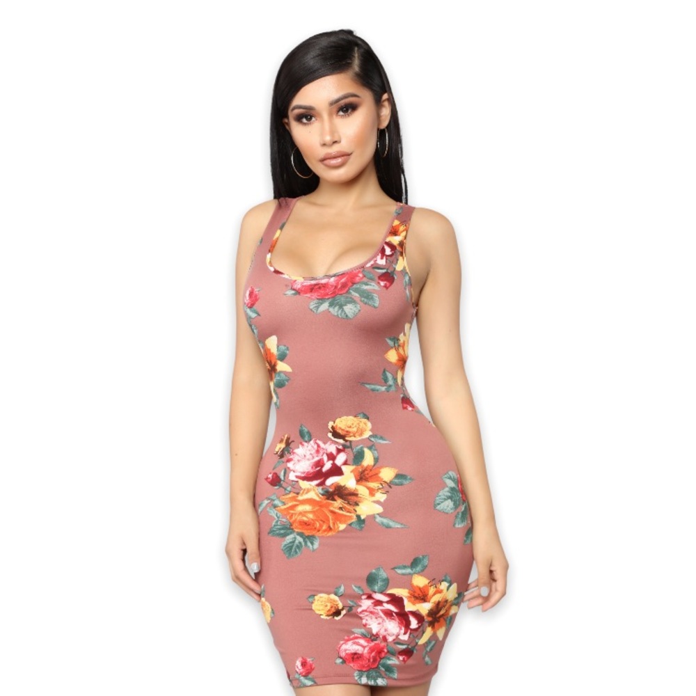 Heart & Hips Woman’s Milk Chocolate Floral Autumn Sleeveless Comfy Bodycon Dress
